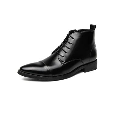 Imagem de Botas Chukka masculinas de salto baixo com cadarço formal de couro PU bico redondo Chelsea botas até o tornozelo entre casual e elegante, Preto, 40