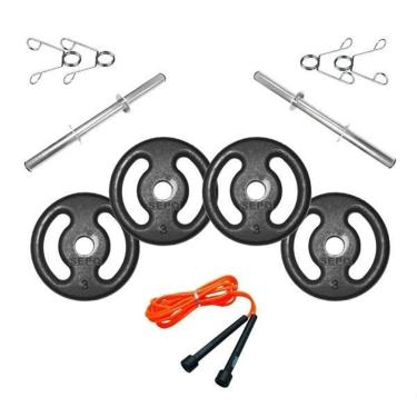 Imagem de Kit Completo Musculação Barras 12kg Anilhas Presilha+ Corda-Unissex