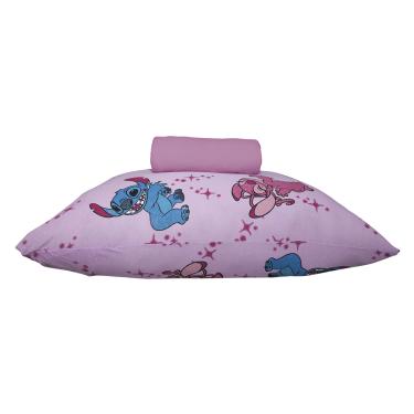 Imagem de Jogo de Lençol KazzaVip Solteiro Malha 100% Algodão Play Disney Stitch e Angel Love 2 Peças Rosa