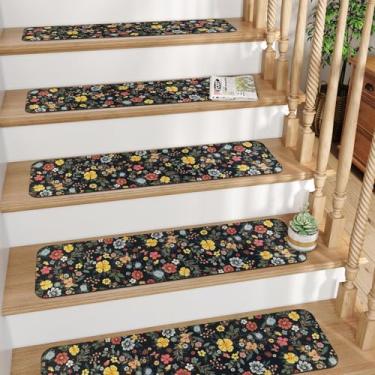 Imagem de Degraus de escada preto/floral antiderrapante 20.3 cm x 76.2 cm, tapete de escada com suporte de borracha tapetes laváveis e reutilizáveis para degraus de madeira, degraus de escada de segurança