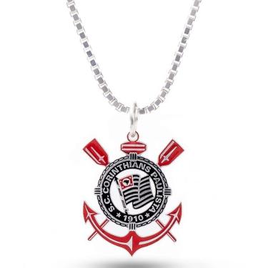 Imagem de Pingente Corinthians Escudo em Prata 925 Colorido + Corrente Tamanho:60 cm-Unissex