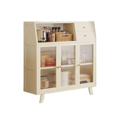 Imagem de KHUTRW3D Aparador de vidro de três portas de cozinha para cozinha e sala de estar com gavetas de armazenamento armário buffet