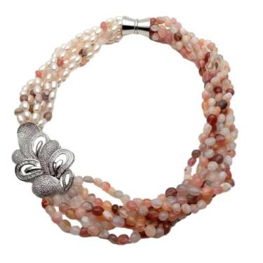 Imagem de 6 x 7 mm, 6 fileiras cultivadas de arroz branco, pérola, ágata e flor pavimentada, joia moderna