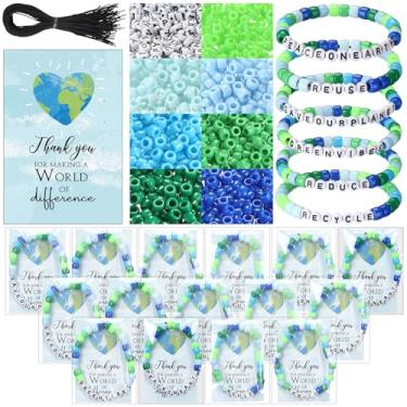 Imagem de Tondiamo 50 conjuntos de pulseiras para presentes do dia da terra verde azul contas acrílicas cartões do mundo corda e bolsa para professores estudantes recompensas de classe presentes série educativa