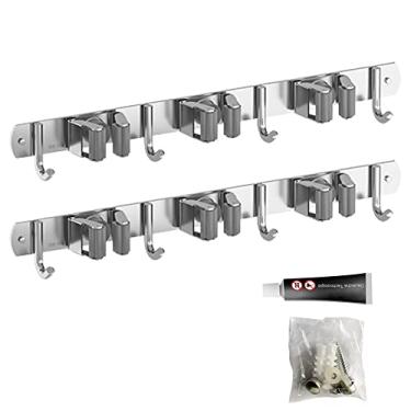 Imagem de 2 Peças Suporte de Vassoura para Parede Aço Inoxidável Mop Alta Resistência 304 Armazenamento Ferramentas com 3 Prateleiras 4 Ganchos Sala Lavanderia Jardim Garagem Banheiro Multiuso Fácil Instalar