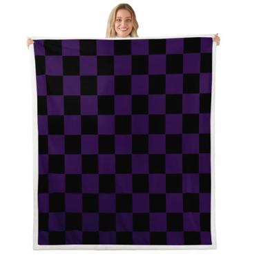 Imagem de Cobertor de lã xadrez roxo preto xadrez sherpa cobertor para crianças mulheres homens pelúcia fofo retrô neutro quadriculado geométrico bebê 76 x 101 cm estética vintage para cama sofá decoração de