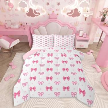 Imagem de jejeloiu Conjunto de cama macio com laço para meninos e meninas, conjunto de edredom com laço rosa, tamanho casal, edredom de microfibra e laço de princesa sonhadora, decoração de quarto, 3 peças com