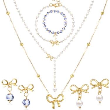 Imagem de Huquary Conjunto de joias Coquete de 6 peças, 1 colar de laço de ouro, 1 colar de pérolas, 2 pulseiras de contas, 2 brincos de laço de pérola para mãe, esposa, irmã, amiga, noiva, dama de honra