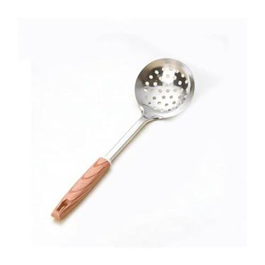 Imagem de Coador de aço inoxidável perfurado com malha, coador de alimentos metálico multiuso, equipado com cabo de madeira, adequado para tarefas de fritura, coar óleo e filtragem de cozinha.(Small)
