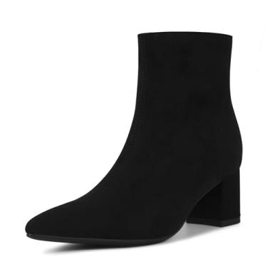 Imagem de Abbleet Botas femininas de cano curto, bico fino, salto grosso, salto baixo, botas de salto baixo, Camurça preta, 35