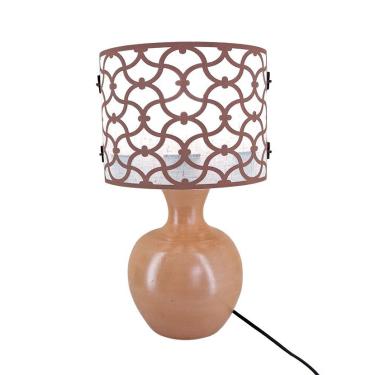 Imagem de Abajur Base Cerâmica Rústica E Cúpula Linho Bege e Arabescos Marrom