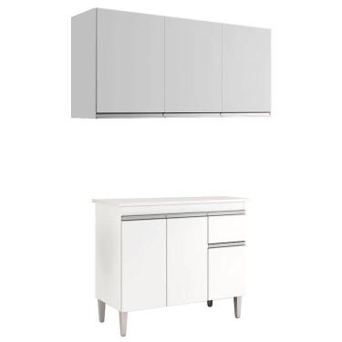 Imagem de Balcão De Cozinha Tatiane Com Tampo 100cm E Armário Aéreo Andréia 3 Portas Branco Brilho - Ajl