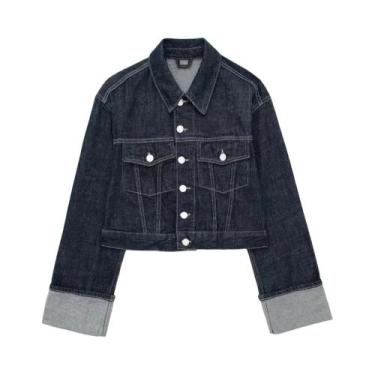 Imagem de Jaqueta Jeans Azul Feminina Com Lapela E Botões, Mangas Longas, Bolsos