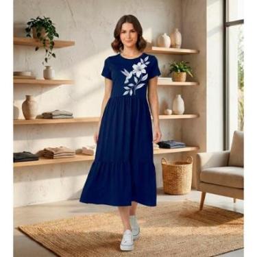 Imagem de Vestido Midi Três Marias Feminino Aveloz Estampa Beija Flor Azul Marinho-Feminino