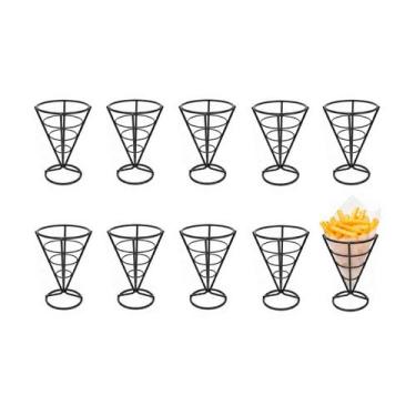 Imagem de Suporte Cone Fritas Cestinha Inox Preto Servir Petisco 10un - casa cha