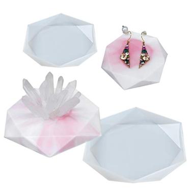 Imagem de FUNSHOWCASE Porta-copos de exibição de joias moldes de silicone de resina epóxi cimento concreto de argila de polímero, bandeja de armazenamento de joias DIY, suporte de vela, organizador de bandeja, hexágono, 2 unidades, comprimento 12,7 cm 8,4 cm