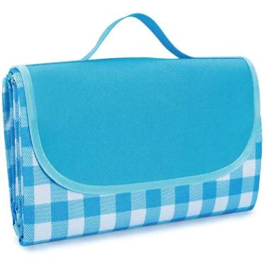 Imagem de Cobertor de piquenique familiar, dobrável, 200 x 150 cm, tapete grande para piquenique ao ar livre, grosso, impermeável, à prova de areia, para primavera, verão, parque, passeio, grama, praia, acampamento, tapete clássico (azul)