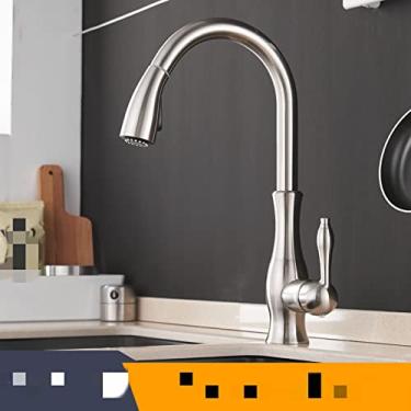 Imagem de Torneiras de cozinha de ouro prata alça única pull out torneira de cozinha de furo único giratório grau torneira misturador de água torneira misturadora, 866011, escovado, china