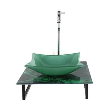 Imagem de KIT CUBA DE VIDRO QUADRADA 10MM COM TAMPO DE VIDRO 40CM X 40CM MÁRMORE VERDE E SUPORTE TORNEIRA VALVULA
