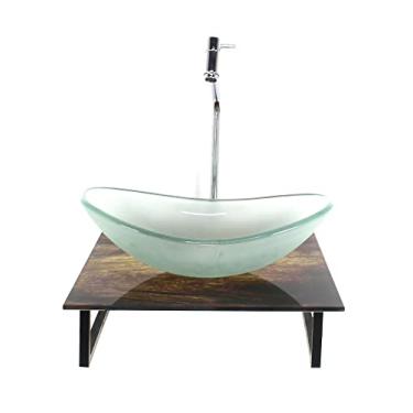 Imagem de KIT CUBA DE VIDRO OVAL 10MM JATEADA COM TAMPO DE VIDRO 40CM X 40CM MADEIRA RUSTICA E SUPORTE TORNEIRA VALVULA