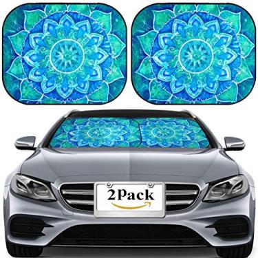 Imagem de MSD Protetor solar para para-brisa universal para carro, 2 unidades, para-sol, bloqueia o brilho do sol, UV e calor, protege o interior do carro, imagem azul abstrata pintada com padrão de círculo, mandala, chacra de Vishuddha