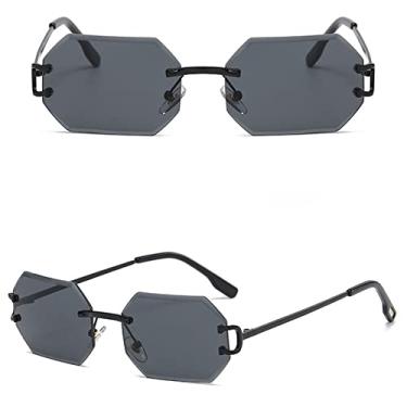 Imagem de Óculos de sol femininos da moda octógono sem aro uv400 óculos retangular de metal dourado sem moldura para homens, preto completo, China