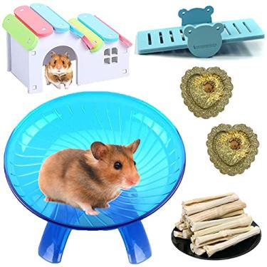 Imagem de Hamiledyi Hamsters Pires Voadores Silenciosos Rodas de Exercício de Corrida 10 Pçs Casa de Gerbilo Arco-Íris de Madeira com Gangorra Brinquedos de Mastigar para Cuidados com os Dentes Bolo de Grama Molar Doce Bambu para Ratos Anões