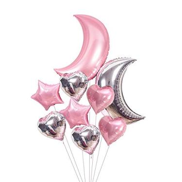 Imagem de AnnoDeel Balões grandes de lua e estrela, 76 cm, balões grandes de lua de prata rosa e 45 cm, balões de Mylar de coração de estrela para decoração de aniversário de festa de chá de bebê de menina
