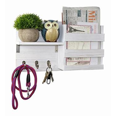 Imagem de Spiretro Suporte de ganchos de parede e classificador de correspondência - Madeira rústica branca - Organizador de entrada para cartas, coleiras e bolsas - Prateleira flutuante, 42 cm L x 24,8 cm A x