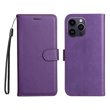 Imagem de YINGDAFENG Capa para iPhone 14/14 Pro/14 Plus/14 Pro Max, capa flip protetora magnética de couro PU com compartimento para cartão alça de pulso suporte de visualização TPU à prova de choque capa interior, roxo, 14pro max 6,7 polegadas