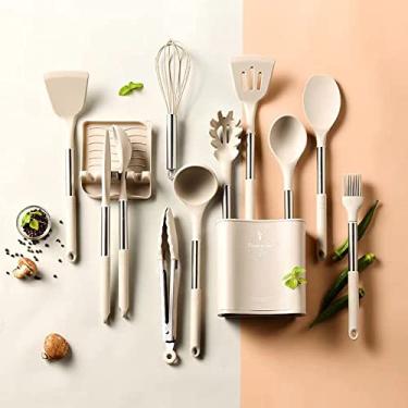 Imagem de Utensílios de cozinha de silicone, conjunto de utensílios de cozinha com 13 peças, fácil de limpar aço inoxidável, cabo de silicone, ferramentas de cozinha, conjunto de utensílios de cozinha e espátulas - cáqui