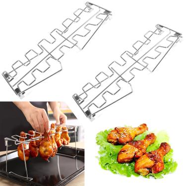 Imagem de RRMMAN Rack de perna de asa de frango em aço inoxidável, suporte para assador de metal dobrável com 14 slots para churrasqueira ou forno, lava-louças, antiaderente, ótimo para churrasco, piquenique (2 unidades)