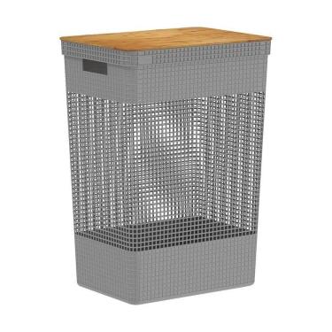 Imagem de Cesto De Roupa Grid Chumbo 49 L Com Tampa De Bambu 38 X 28 X 55,6 Cm