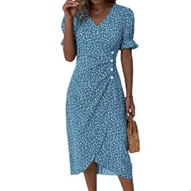 Imagem de Feminino com acabamento de babados puff manga curta estampa floral vestido midi longo sexy decote em V botão lateral franzido com bainha dividida vestidos de manga curta para mulheres comprimento