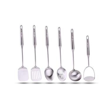 Imagem de Millvado Conjunto de utensílios de cozinha de aço inoxidável, utensílios de cozinha, conjunto de 6 utensílios de cozinha, colher sólida, colher com fenda, espátula sólida, concha de sopa, espremedor