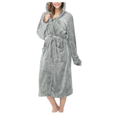 Imagem de Dressnu Roupão de banho com capuz laço na cintura roupão feminino espesso, Cinza, XX-Large