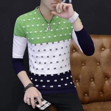 Imagem de Suéter masculino de manga comprida pulôver túnica moda estampa xadrez gola redonda suéter de malha slim fit, verde, Ásia G 54 a 60 kg