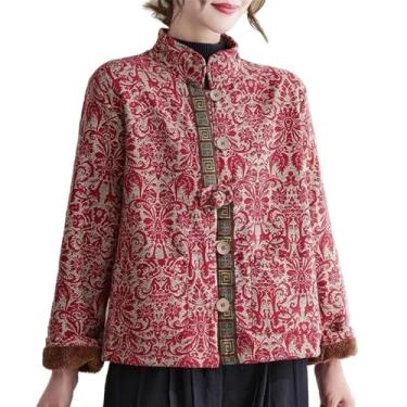Imagem de JYHBHMZG Jaqueta estilo chinês, algodão, linho, estampada, espessa, algodão, acolchoado, casaco feminino, gola alta, top curto, 1, M