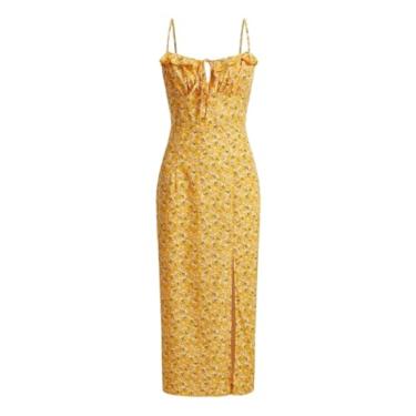 Imagem de Camisa Feminina Ditsy Floral Print Ruffle Trim Split Thigh Cami Dress (Color : Yellow, Size : M)