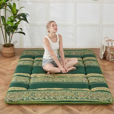 Imagem de Zelladorra Colchão japonês, colchão futon com bolsa de armazenamento portátil e capa lavável, tapete de tatame grosso de enrolar adequado para acampamento, quarto de hóspedes (verde boêmio, solteiro)