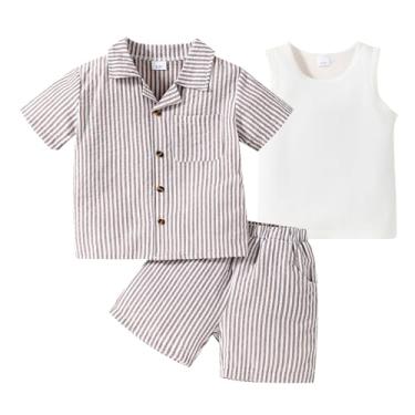 Imagem de ADXSUN Roupas infantis para meninos, manga curta, listradas, camisa de botão + shorts + colete branco conjunto de roupas de verão 2-7 anos, Marrom listrado, 2-3 Anos