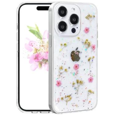 Imagem de CEOKOK Capa transparente para iPhone 13 Pro com design de flores prensadas de verdade, glitter, estampa floral brilhante, fina, macia, protetora, feminina, feminina, feminina, (rosa)