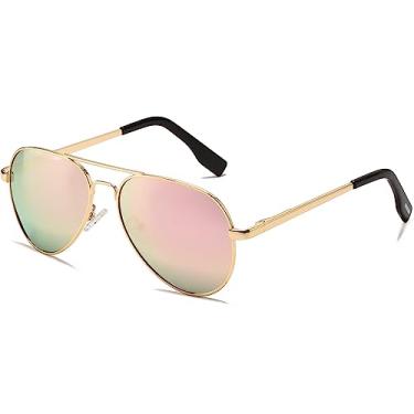 Imagem de BRMHDY Óculos de sol aviador polarizados para meninas, meninos, clássicos, juvenis, armação de metal espelhado, aviador, 52 mm, A2 Ouro/Rosa Espelhado, MM