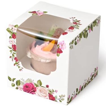 Imagem de Happyhiram Caixas de cupcake 100 peças florais de rosas a granel, suporte individual com janela para o dia das mães, mini caixas de presente, folhas botânicas para embalagem de enfeite de presente,