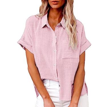 Imagem de Camiseta feminina de verão, de linho, manga curta, cor sólida, caimento solto, gola V, botão, túnica, Pp2, M