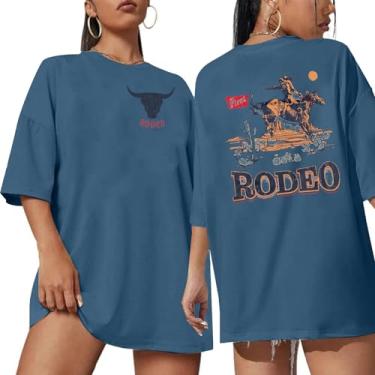 Imagem de Camisetas femininas Rodeo Cowgirl Outfits: Not My First Rodeo Western Camisetas vintage com estampa de caveira de vaca camisetas grandes, Azul, P