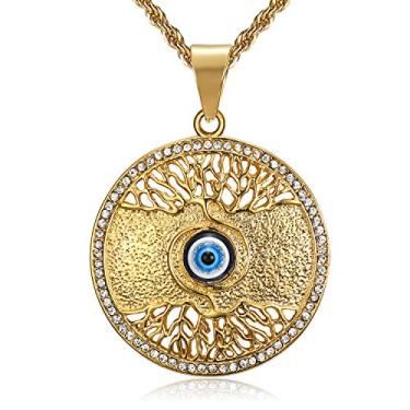 Imagem de Colar de aço inoxidável com pingente egípcio de mão de Fátima Hamsa com contas de olho turco azul CZ totalmente 3D, corrente de olho de Hórus na árvore da vida, joia egípcia presente, Zircônia cúbica,