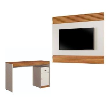 Imagem de Conjunto Escrivaninha 120cm 1 Porta 1 Gaveta Madrid e Painel para Tv até 58 Polegadas 160cm Madrid Off White/Naturale