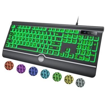 Imagem de Teclado de computador retroiluminado com impressão grande, teclado retroiluminado de 7 cores com descanso de pulso, USB Plug-and-Play, teclas de letras grandes fáceis de ver e digitar, teclado