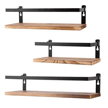 Imagem de Prateleiras flutuantes de madeira rústica montadas na parede, design prático de cerca de metal – ideal para quarto, banheiro, conjunto de cozinha com 3 unidades... Carbonized Black